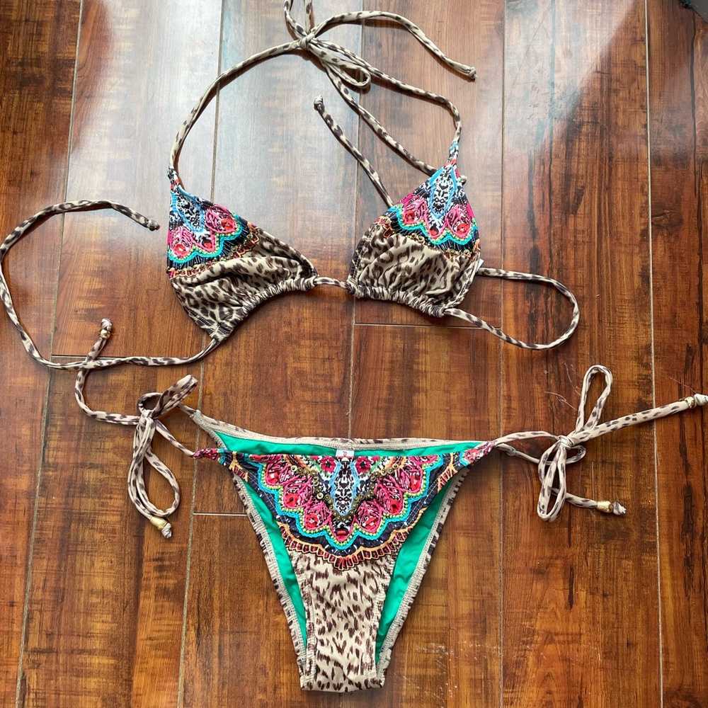 NWOT PILYQ Animal Print Beaded Bikini S 🐆